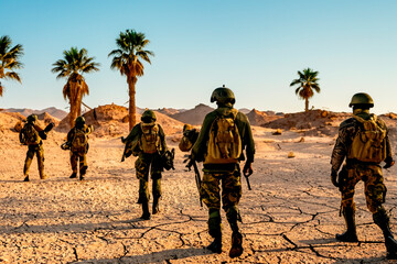 Squad Of Soldies Walkin on The Deset