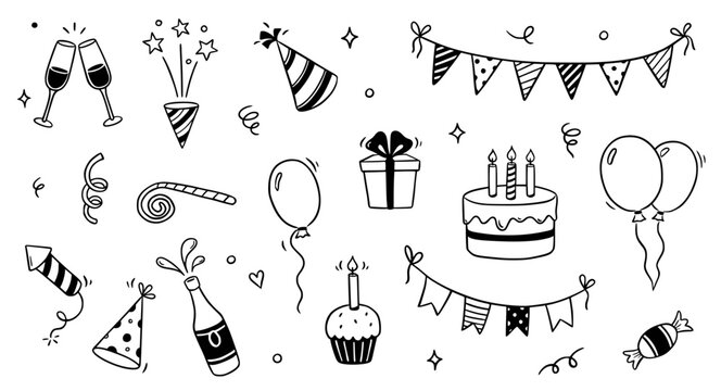 Birthday doodle icon element. Hand drawn sketch doodle birthday cake, balloon, event decoration element. Party, carnival celebration concept background. Vector illustration