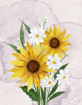 Sunflowers and daisies bouquet on watercolor paper with alcohol ink background