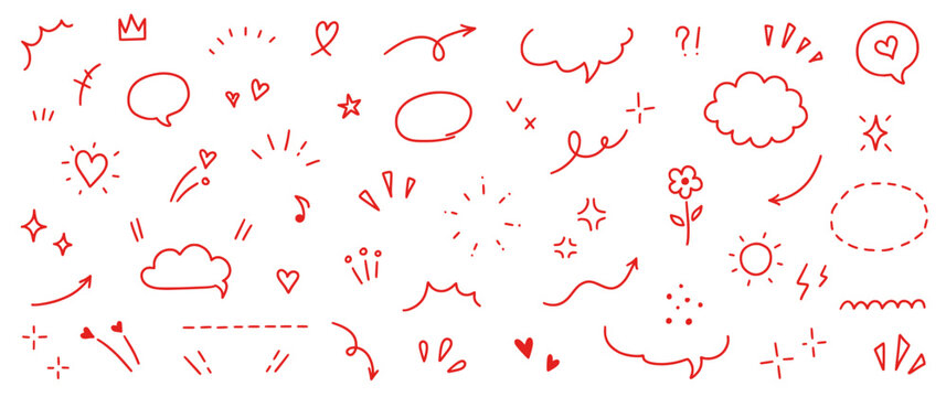 Cute red line icon sketch element. Hand drawn red line sketch text decoration star sparkle, arrow, heart element set. Simple drawn sun sparkle, flower, emphasis symbol background. Vector illustration
