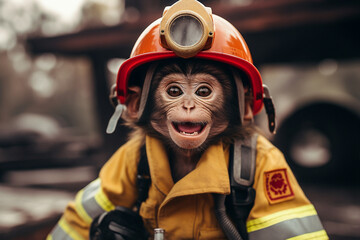 cute monkey wearing firefighter uniform - obrazy, fototapety, plakaty