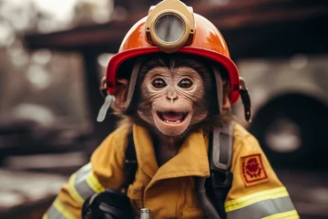 Deurstickers cute monkey wearing firefighter uniform © Salawati