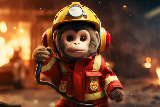 cute monkey wearing firefighter uniform