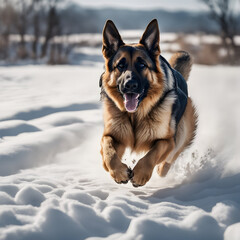 German Shepherd dog is running fast looking straight to the camera on snow filed