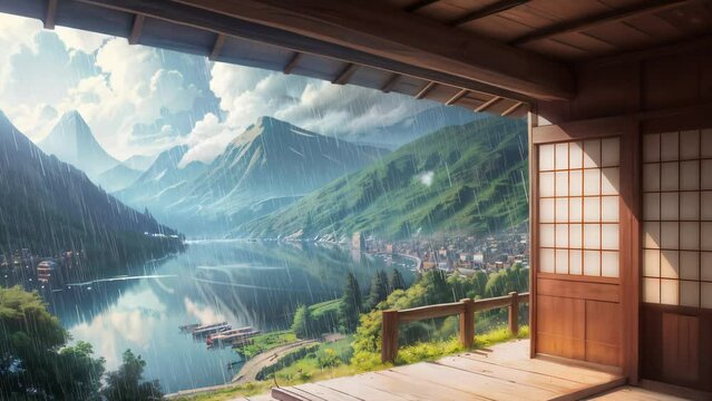 The view from a hilltop house encompasses a rainy atmosphere over a lake and its surrounding city, anime background animation