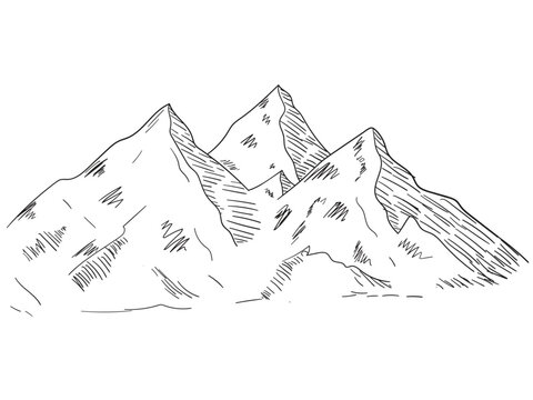 Hand drawn highland mountain landscape with snowy ridge