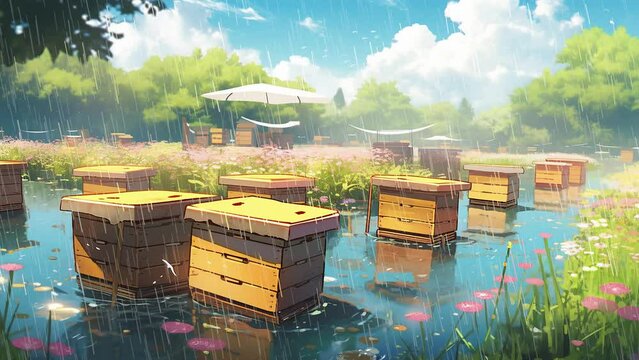 the buzzing bee farm, honeycombs, rainy day, water puddle, anime animation