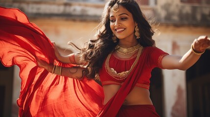 Beautiful Indian girl Hindu female model in sari and kundan accessories red traditional costume of india