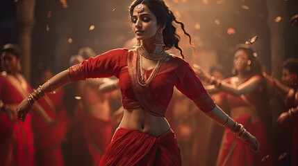 Beautiful Indian girl Hindu female model in sari and kundan accessories red traditional costume of india