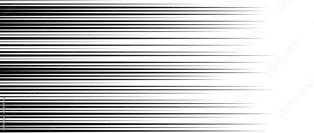 Aufkleber Straight speed lines repeating pattern. Black and white horizontal stripes gradient. Abstract fast effect texture. Comic cartoon rays and beams wallpaper for cover, flyer. Vector pop art background