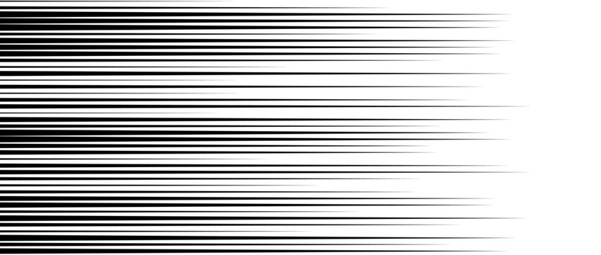 Straight speed lines repeating pattern. Black and white horizontal stripes gradient. Abstract fast effect texture. Comic cartoon rays and beams wallpaper for cover, flyer. Vector pop art background