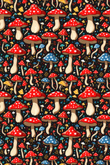 Amanita mushrooms seamless pattern. Red poisonous mushroom. Abstract background. Vector illustration. Autumn mushroom collection season.