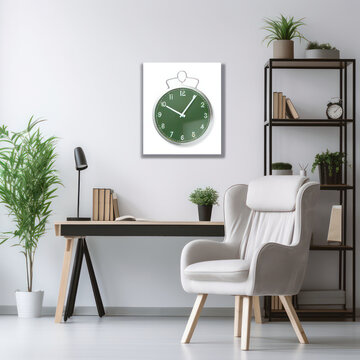 Work table and chairs in a white office for business person with black lamp on the desk, armchair, shelves, clock, green plant and a pictures on wall. interior design, home office concept.