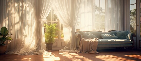 Bright sunlight streaming through the room's curtains.
