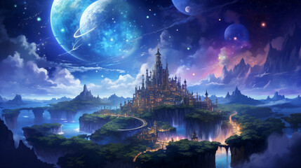 ファンタジーな天体の夜の月と星空を背景に、大きなお城が雲海の上に浮かんでいる - obrazy, fototapety, plakaty