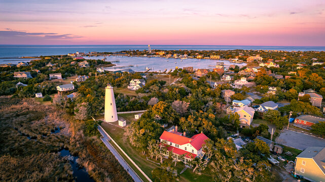 Aerial view of Ocracoke Lighthouse on Ocracoke Island , North Carolina at sunset.