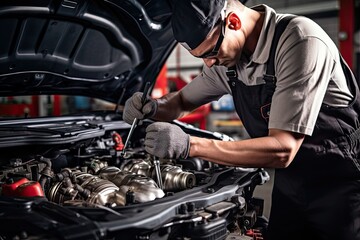 Fototapeta na wymiar Professional mechanic working in auto repair shop. Car service and maintenance concep