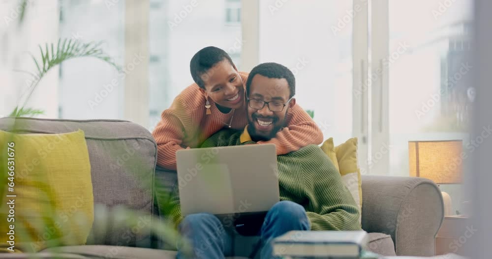 Poster Hug, relax and black couple with a laptop, marriage and connection for online shopping, website info or conversation. Love, African woman and man with a pc, home and search internet with ecommerce