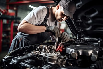 Obraz na płótnie Canvas Professional mechanic working in auto repair shop. Car service and maintenance concep