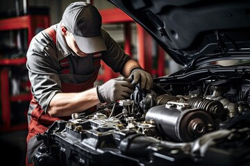 Fototapeta na wymiar Professional mechanic working in auto repair shop. Car service and maintenance concep