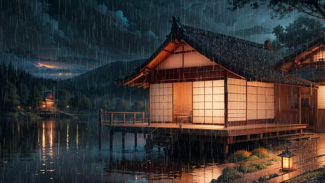 A traditional Japanese house under the rain at night, anime background animation