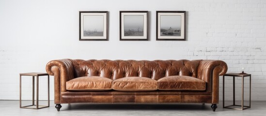 White background studio with a leather couch.