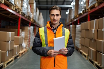 Smiling warehouse worker holding boxes in warehouse. This is a freight transportation and distribution warehouse. Industrial and industrial workers concept