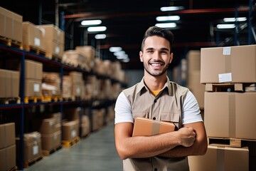 Fototapeta premium Smiling warehouse worker holding boxes in warehouse. This is a freight transportation and distribution warehouse. Industrial and industrial workers concept
