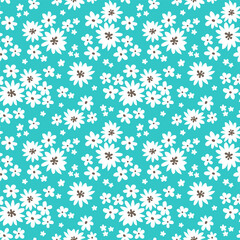Seamless floral pattern. White flowers on turquoise background. Vector illustration in ditsy style. Design for fabric, wrapping paper, background, wallpaper, kids fashion.