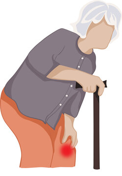 Cartoon drawing of an elderly woman with knee pain while standing.vector illustration.