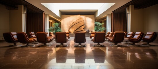 Lobby of house showing lineup of brown chairs.