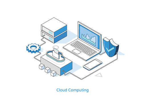 Cloud computing modern flat design isometric concept. Including Servers, Storage, Databases, Connection Technology. illustrator vector.