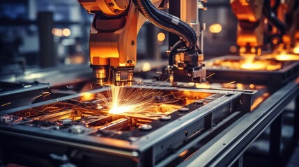 Machine for welding with lasers that is CNC-controlled. Processing and laser cutting metal in the industrial factory. Digital programmed machine tools