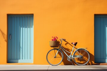 Fototapeta na wymiar Single speed steel frame bicycle leaning against yellow wall