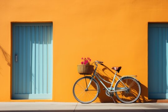 Single speed steel frame bicycle leaning against yellow wall