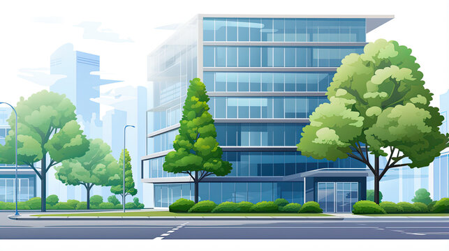 Modern office building with trees and parking. Business center with glass windows or mall on the background of the city.