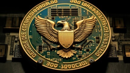 gold bullion coin connected to curcuit board. concept to show digital currencies and central bank digital currencies. generative AI