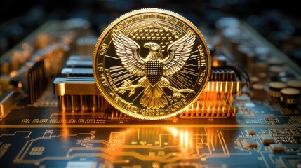 gold bullion coin connected to curcuit board. concept to show digital currencies and central bank digital currencies. generative AI