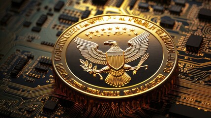 gold bullion coin connected to curcuit board. concept to show digital currencies and central bank digital currencies. generative AI