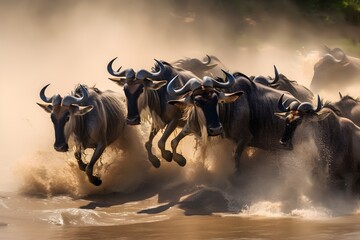 Wildebeests are crossing river. National Park - obrazy, fototapety, plakaty