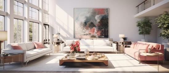 Obraz na płótnie Canvas a spacious, luxurious, and modern living room with bright interiors.