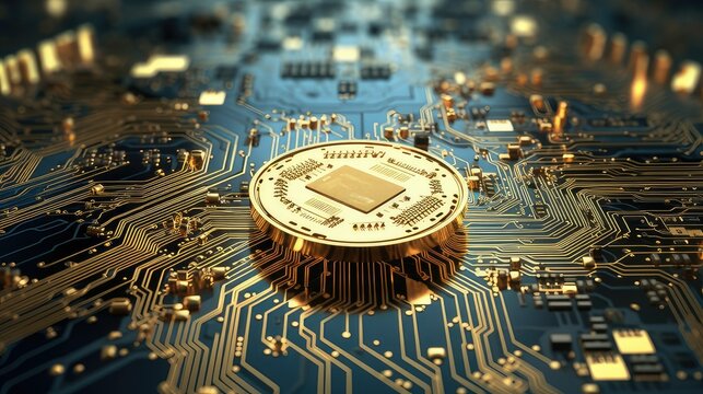 gold bullion coin connected to curcuit board. concept to show digital currencies and central bank digital currencies. generative AI