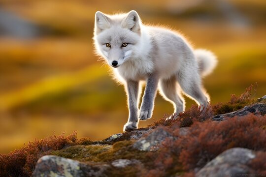 Arctic fox living in the jungle, seen in autumn setting