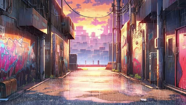 At the vibrant mural covered alleyway, under an urban sunrise, rain, anime animation