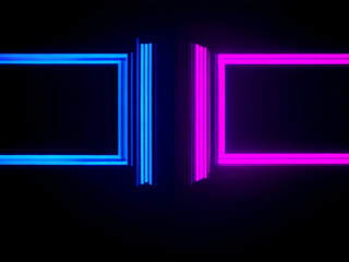 
Square rectangle picture frame with two tone neon color motion graphic on isolated black background. Blue and pink light  for overlay element. 3D illustration rendering. 