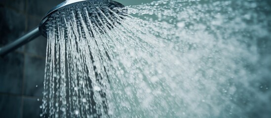 Water descending from showerhead in a white bathroom.