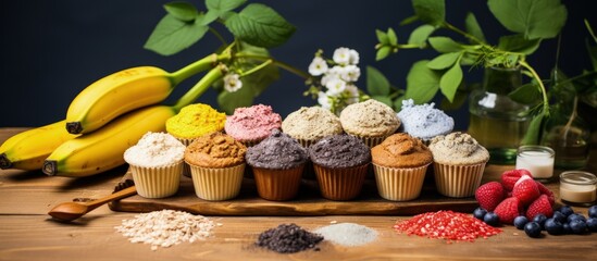 Homemade healthy muffins with chia, banana, honey, coconut, oats. Palette includes matching swatches.