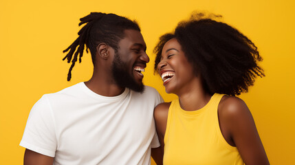 Obraz premium portrait of young laughing couple isolated on yellow background