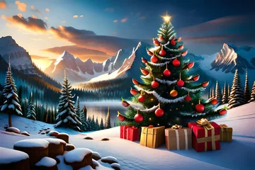Washable wall murals Mountains christmas tree in the mountains