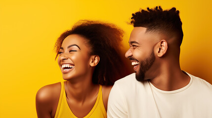 portrait of young laughing couple isolated on yellow background